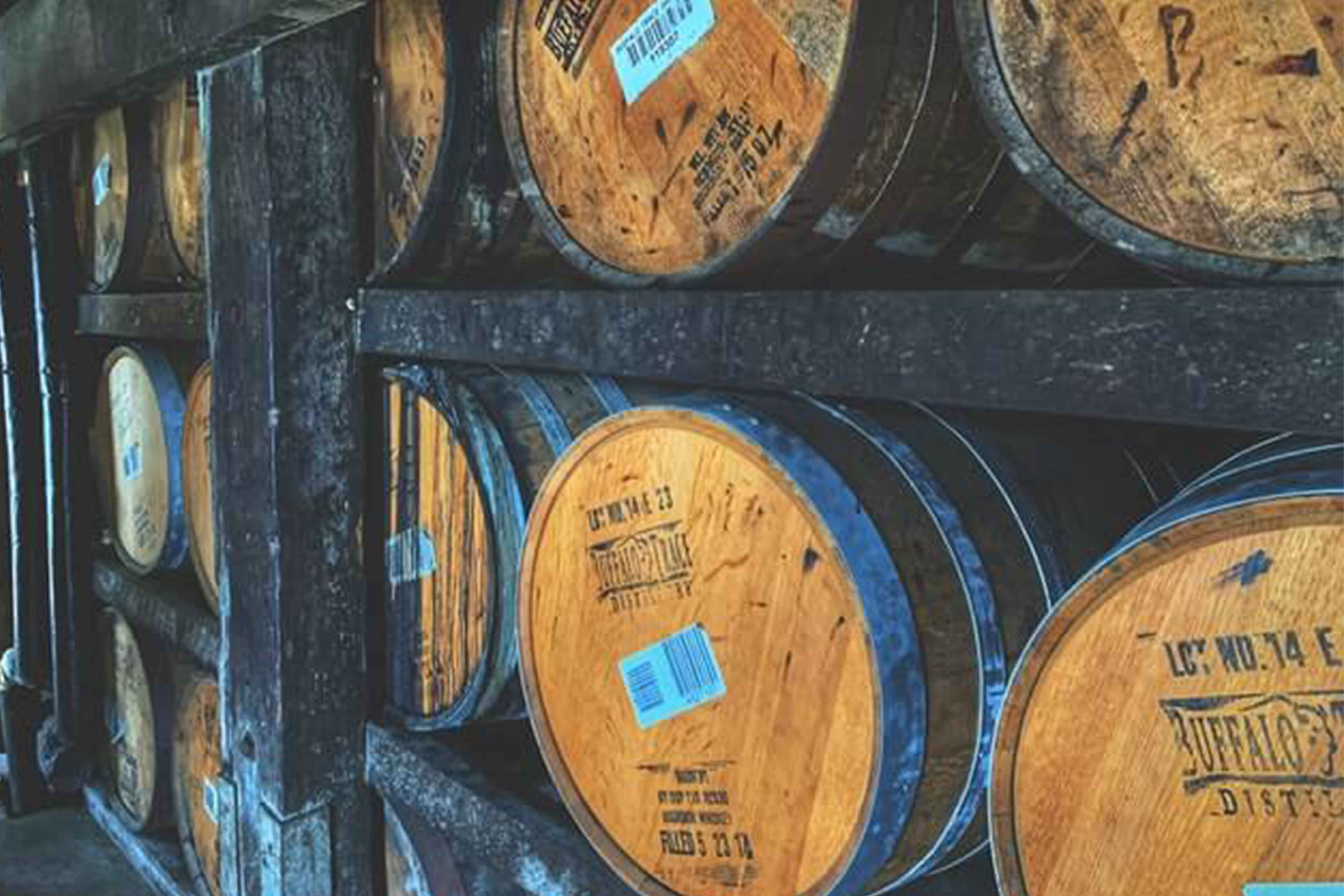 Whiskey casks stacked